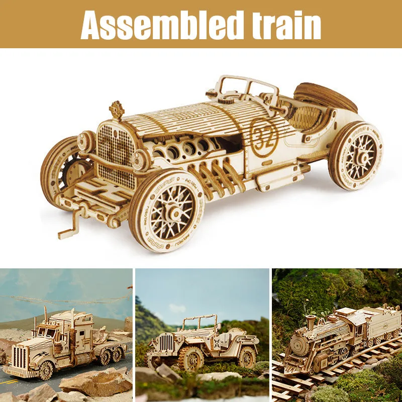 3D Wooden Puzzle Train Model DIY Wooden Train Toy Mechanical Train