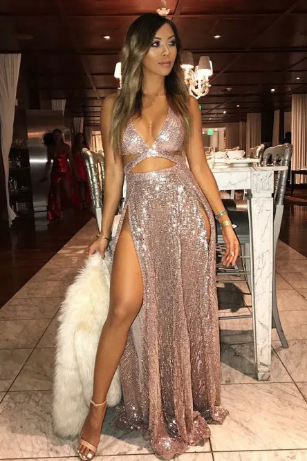 A-Line Deep V-Neck Floor-Length Blush Sequined Prom Dress with Split PDA342