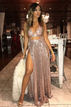 A-Line Deep V-Neck Floor-Length Blush Sequined Prom Dress with Split PDA342