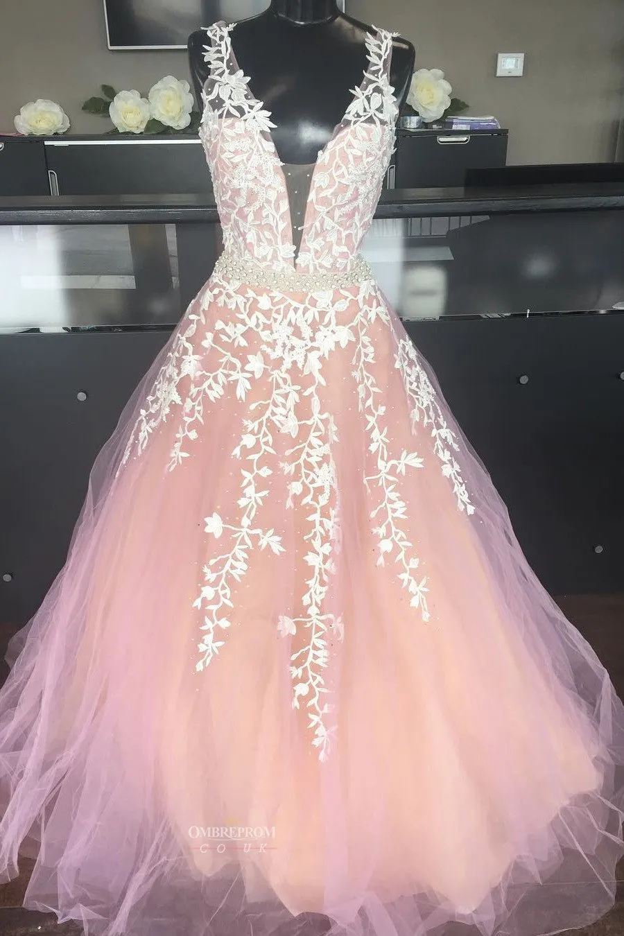 Blush Pink Long Party Dress V-neck Applique Prom Wedding Dress MP843