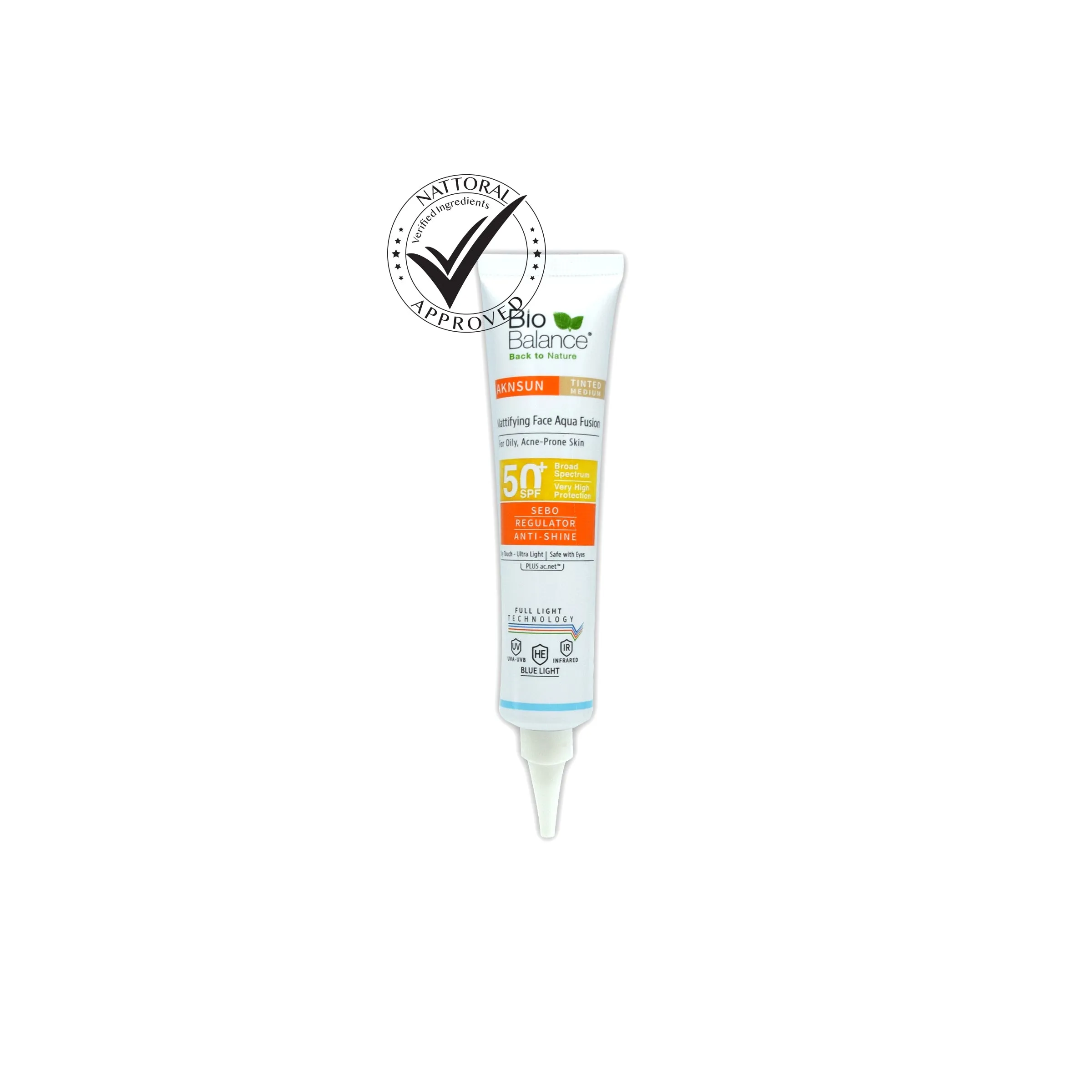 Chemical sunscreen Aknsun Mattifying Face Aqua Fusion 50  SPF-Tinted Light (Medium)- 40ml- Biobalance