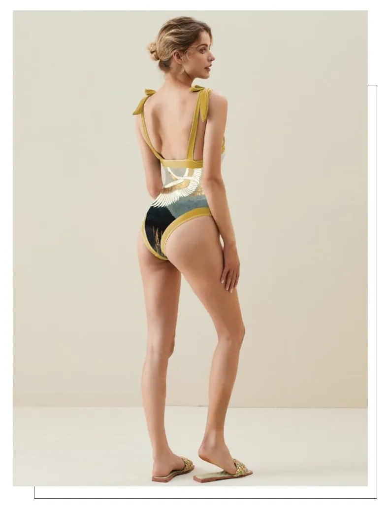 French Retro One-Piece Swimsuit - Stylish Lace-Up Beach Swimwear