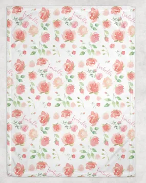 Pink Blossom Floral Print Personalized Minky Blanket (Smooth Minky)