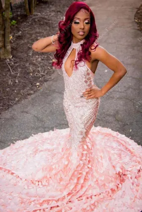 Pink Sequin Keyhole Custom 3D Leaf Mermaid Prom Dress