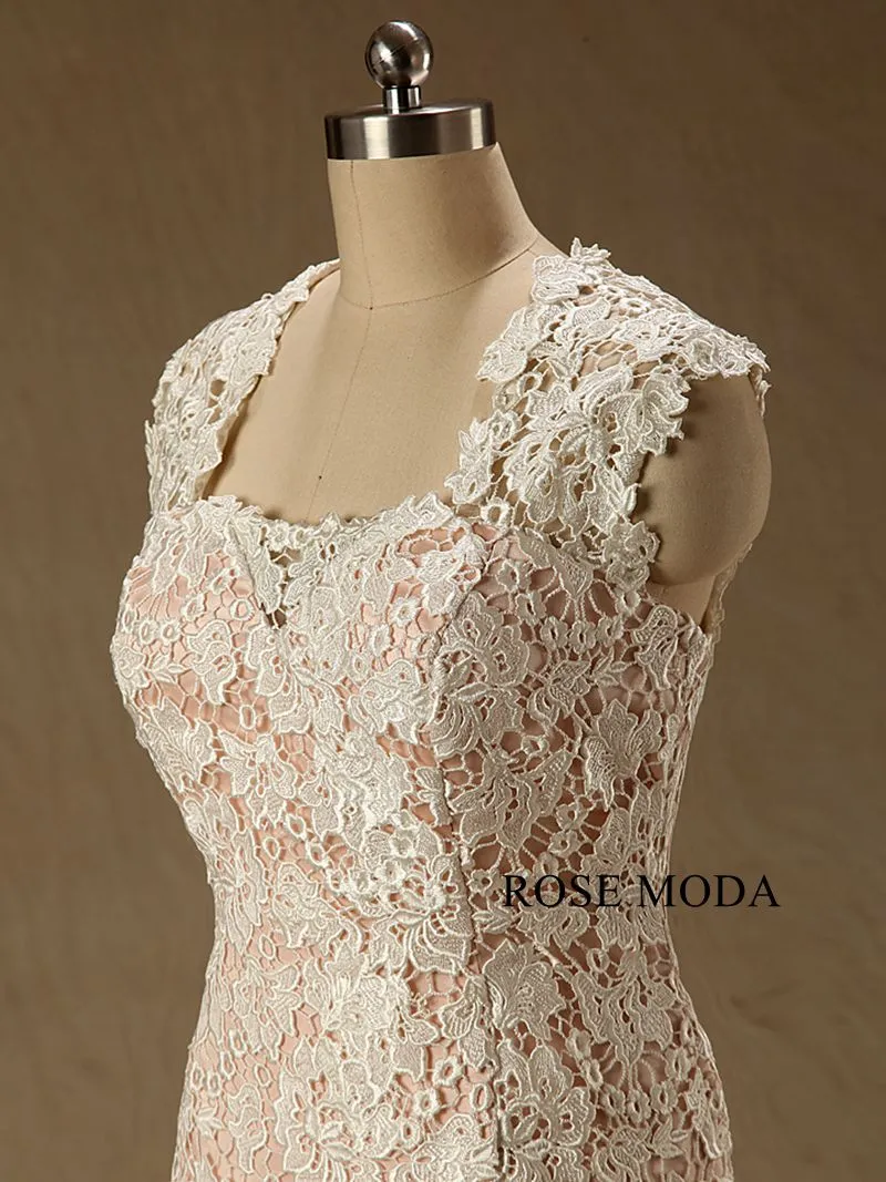 Rosemoda Blush Ivory Lace Fit and Flare Ruffles Organza Mermaid Wedding Dress