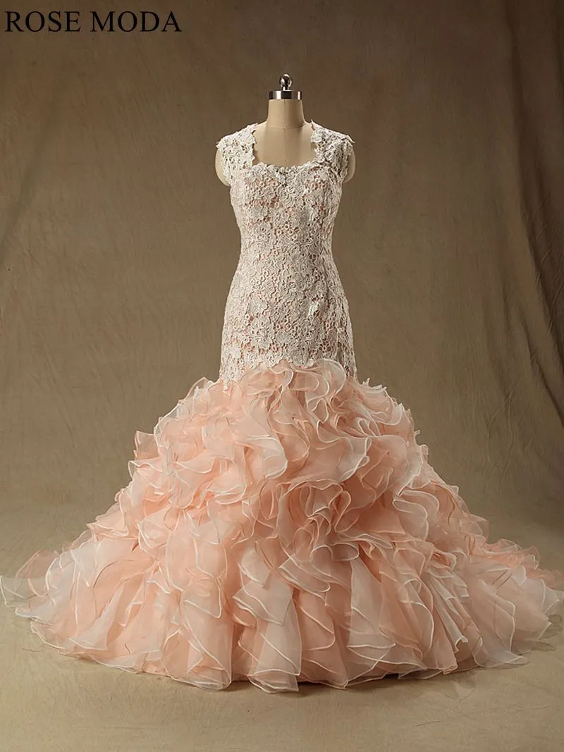 Rosemoda Blush Ivory Lace Fit and Flare Ruffles Organza Mermaid Wedding Dress