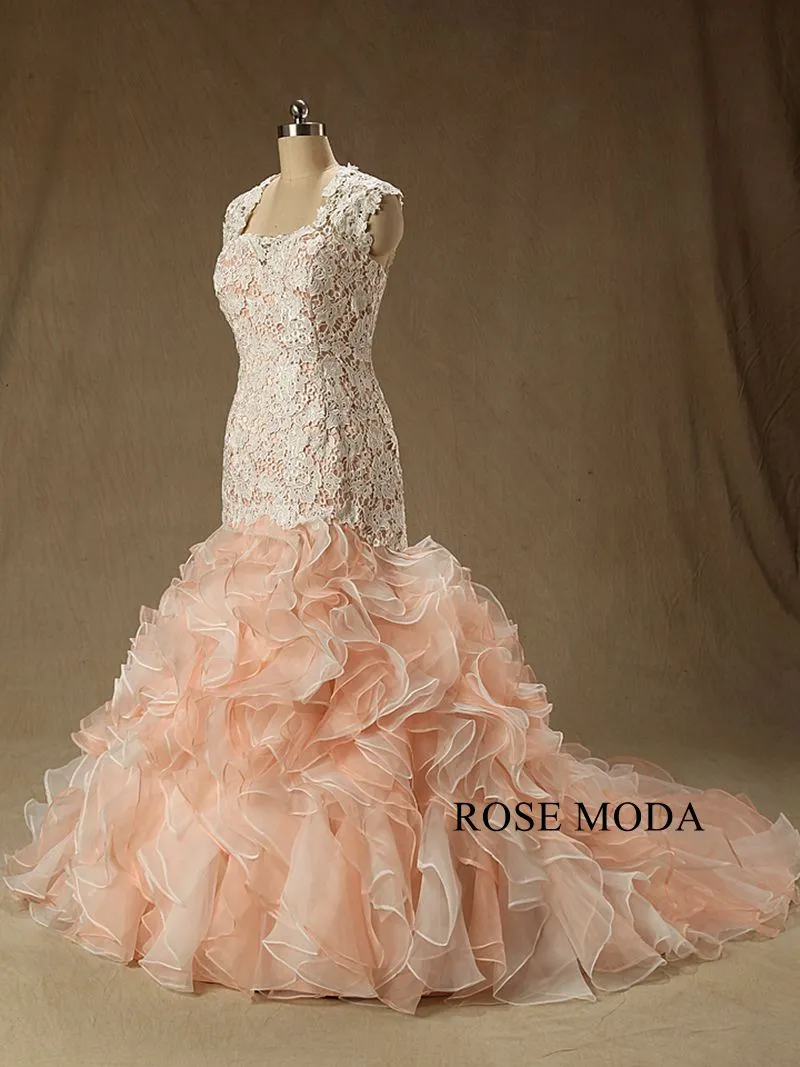 Rosemoda Blush Ivory Lace Fit and Flare Ruffles Organza Mermaid Wedding Dress