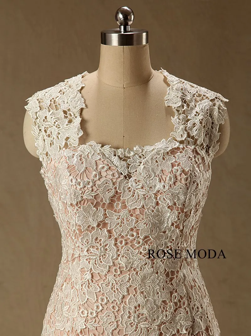 Rosemoda Blush Ivory Lace Fit and Flare Ruffles Organza Mermaid Wedding Dress