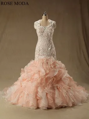 Rosemoda Blush Ivory Lace Fit and Flare Ruffles Organza Mermaid Wedding Dress