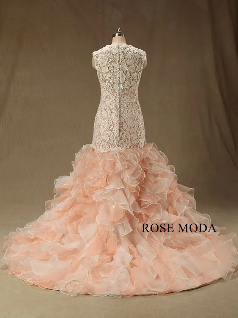 Rosemoda Blush Ivory Lace Fit and Flare Ruffles Organza Mermaid Wedding Dress