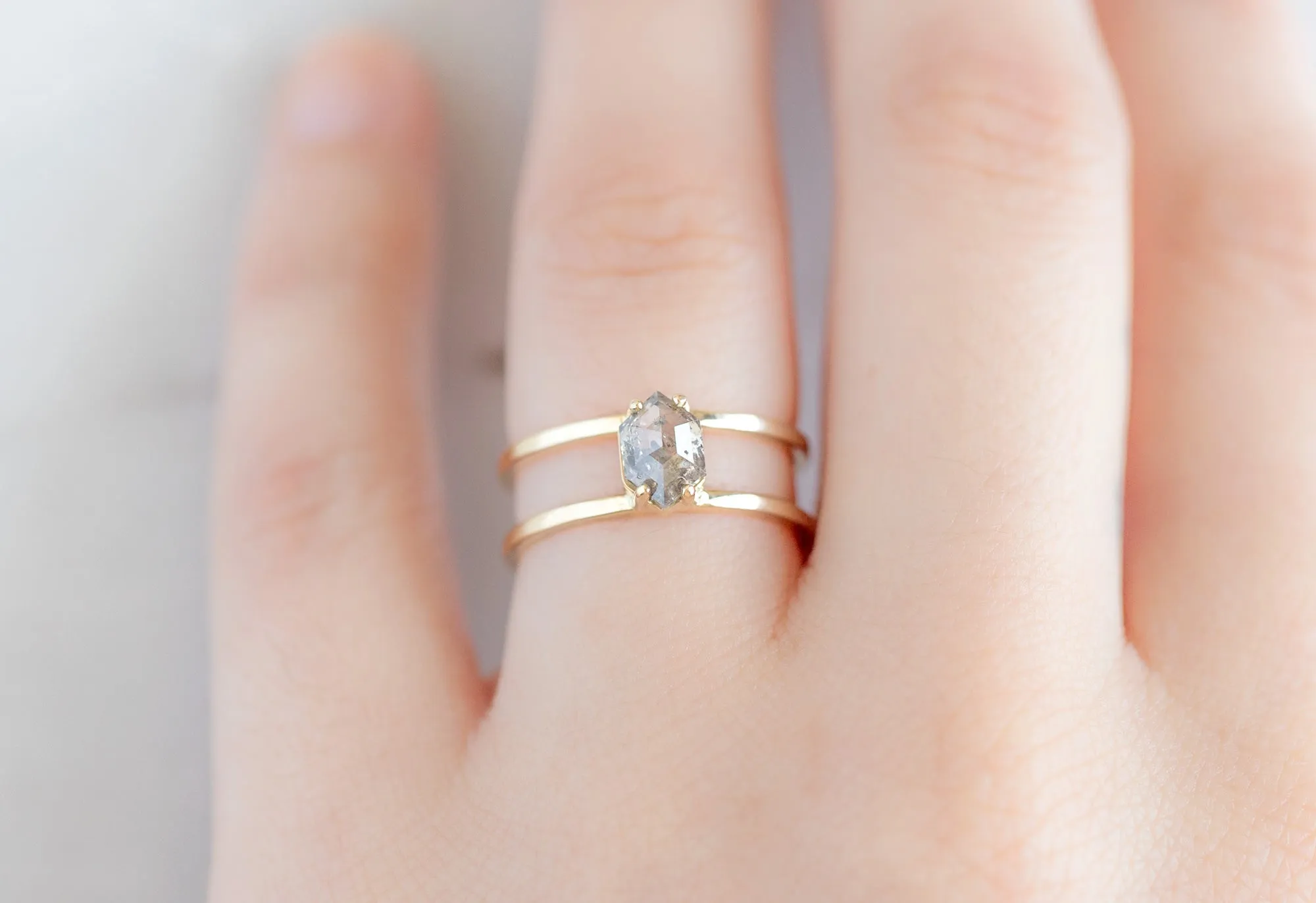 The Poppy Ring with a 1.02ct Salt and Pepper Hexagon Diamond